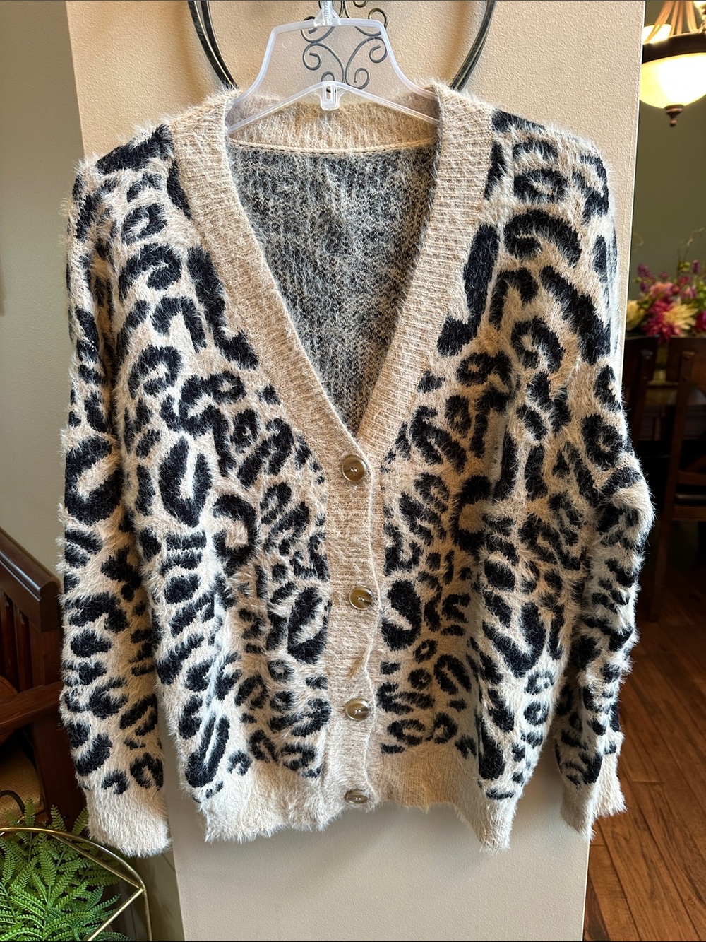 Fuzzy Leopard Print Button-Front Cardigan - Tan & Black